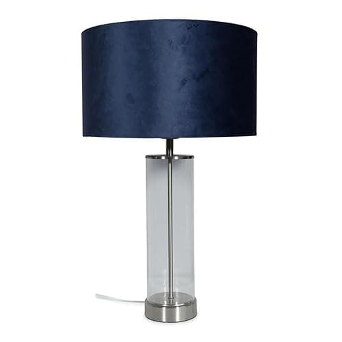 Image of ValueLights | Clear Tube and Brushed Chrome Metal Bedside Table Lamp with a Navy Blue Velvet Shade | Table Lamps, Home Décor & Improvement Essential