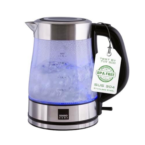 Image of Sensio Home Electric Cordless Glass Kettle 1.7L Quiet Fast Boil with 3000W Rapid Boil Element, Includes Filter, Blue Illumination Jug with Swivel Base and Flip Top Lid, BPA Free