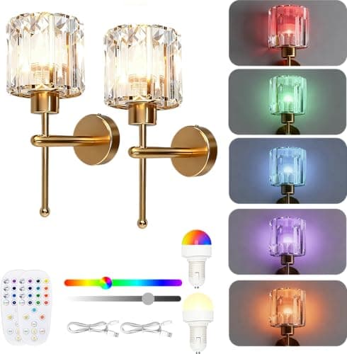 Image of GALAKSIOZ Battery Operated Wall Sconce Set of Two,Crystal Rechargeable Wall Lamp with Remote Control&15 RGB Colors-3 Color Temperatures, Dimmable Wireless Wall Lights for Bedroom Bathroom Living Room