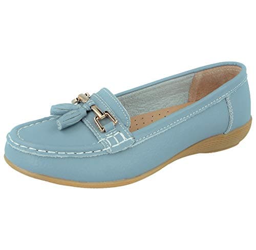 Image of Ladies Real Leather Tassel Slip On Moccasin Flat Nautical Boat Shoes Loafers Size 3-8 (7 UK, Baby Blue)