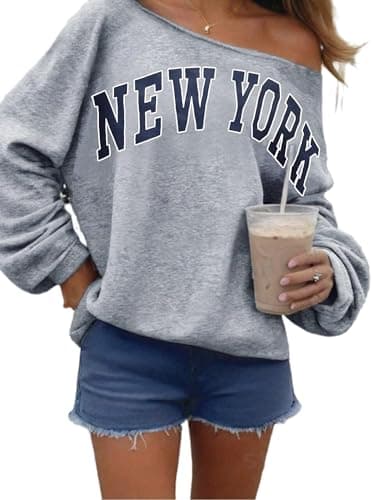 Image of Remidoo Womens Off Shoulder Sweatshirt Drop Shoulder Oversized Long Sleeve Pullover Top, Gery Ny, XXXL