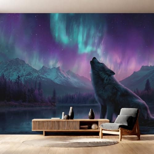 Image of Wall Mural Fantasy Wolf Wallpaper - Aurora Borealis Wild Animal Photo Wallpaper for Living Room Bedroom, Non-Woven Purple Green Wall Paper Home Decor Art 150x105 cm w6g11