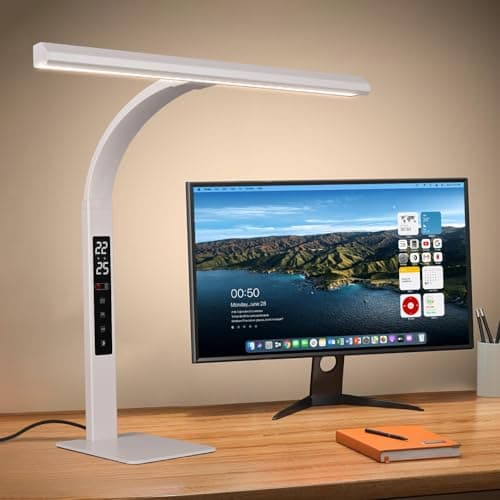 Image of LED desk lamp for home office, architect computer work light,Touch color temperature stepless dimming and adjustable flexible gooseneck tube. desk lamp with clock , suitable for reading and studying.