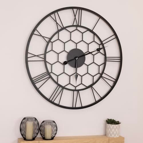 Image of CHARLES BENTLEY Stanwick Outdoor And Indoor Wall Clock, Black Coating, Skeleton Design, Metal, Quiet Ticking, Roman Numerals, Giant Open Face, Analog, Patio Clock, Living Room, Kitchen (90x90x4.5cm)