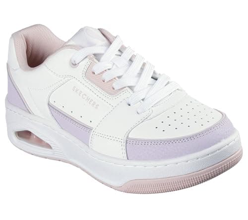 Image of Skechers Women's Uno Court Courted Style Sneaker, White Leather/Duraleather Lavender Pink Trim, 6 UK