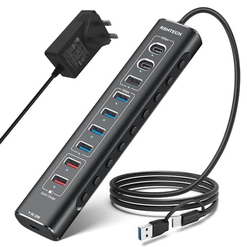 Image of RSHTECH 60W Powered USB Hub, 10-Port USB-C Hub with 3x USB 3.2 10Gbps Data Ports (2C+1A), 3 xUSB Fast Charging Port (1C+2A) and 4 USB 3.0 (RSH-A10QPD)