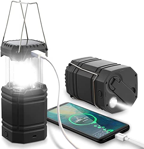 Image of ROCAM Rechargeable Camping Lights, LED Solar Camping Wind up Lantern, Hand Crank Emergency Light with 3000mAh Battery for Camping, Hiking, Fishing, SOS, Outdoor, Power Cuts-Black