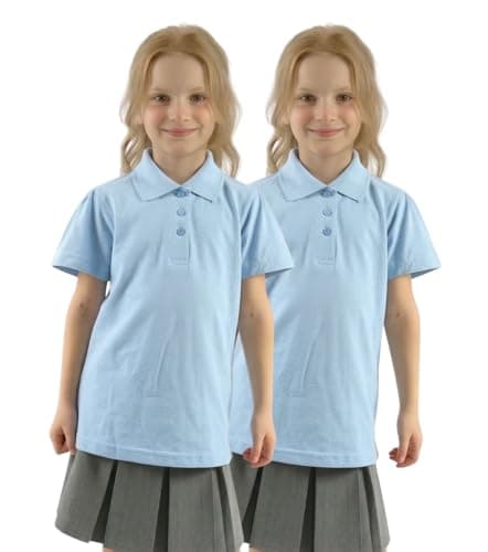 Image of GW CLASSY OUTFIT 2X Girls Polo Shirts (Pack of 2) Short Sleeve Girls School Uniform Polo T-Shirts PE Tops 4-12 Years (9-10 Years, 2X Blue)
