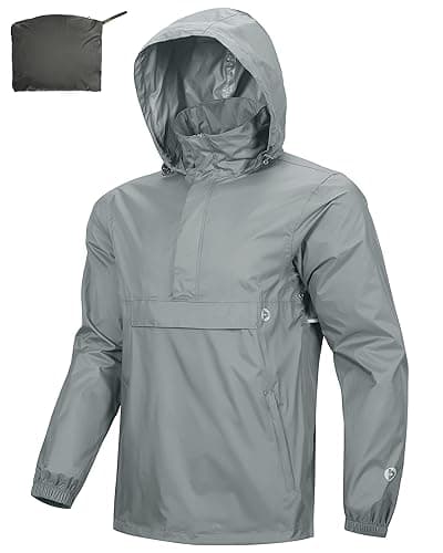 Image of Outdoor Ventures Rain Jacket for Men Waterproof Pullover Lightweight Hooded Windbreaker Outdoor Raincoat Packaway Breathable Windproof Shell Jacket for Travelling, Camping, Running, Hiking Grey M
