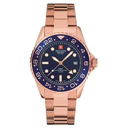 Image of Swiss Alpine Military Men's Watch GMT Analogue Quartz 7052 Stainless Steel, Pink/Blue/Blue - 1165sam, Bracelet