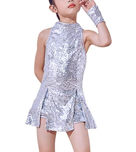 Image of LOLANTA Girls Sequins Jazz Dance Costume Child Sparkle Mini Dress Hip Hop Dance Clothes Set Top+Pants+Socks, Silver, 11-12 years