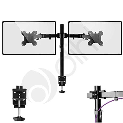 Image of Dihl Dual Monitor Desk Stand, Twin Monitor Mount Clamp for 13 to 27 Inch Screens, Height Adjustable Arms, Tilts 90°, Swivels 180°, Rotates 360°, VESA 75 or 100mm, Black