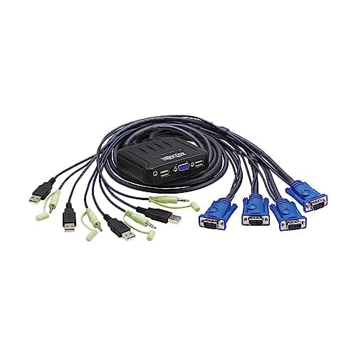 Image of Tripp Lite 4 Port KVM Switch with Integrated VGA Audio and USB Cables for Keyboard Mouse, Computer PC, 4 Computers, 1 Monitor, Plug and Play, Compatible with Windows, macOS, Linux -
