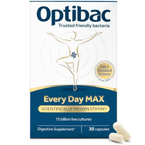 Image of Optibac Probiotics Every Day MAX - Premium Vegan Digestive Probiotic Supplement with 75 Billion Bacterial Cultures - Most Researched Lactobacillus Acidophilus - 30 Capsules