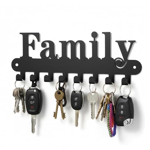 Image of Suacculent Key Holder Wall Mounted No Drill, Family 8 Hooks Self Adhesive Key Rack with Screws, Black Metal Key Hanger Organiser for Hallway Entryway Door Home Office