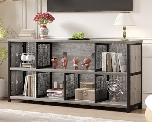 Image of LVB Industrial 4 5 6 7 8 Cube Bookcase, Rustic Wood Horizontal Bookshelf, Modern Wide Cube Organizer Storage Shelf, Large Long Low Book Shelf for Office Bedroom Living Room, Light Grey Oak, 160 CM