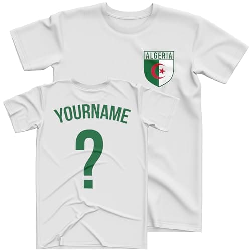 Image of Personalised Algeria Kids T Shirt Custom Name and Number Football Africa Badge Nation Supporters Soccer Boy Girl Tee, 7-8 Years, White