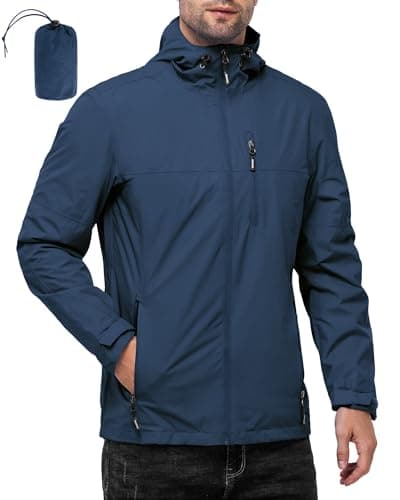 Image of Outdoor Ventures Men's Lightweight Waterproof Jacket Windproof Rain Coats Pack Away Hooded Jackets Windbreaker for Camping Fishing Running Cycling Navy Blue L