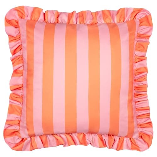 Image of furn. Palm Royale Stripe Cushion Cover – Water Resistant Bold Striped Ruffle Trim Outdoor Decorative Case (Pink/Orange – 50x50cm)