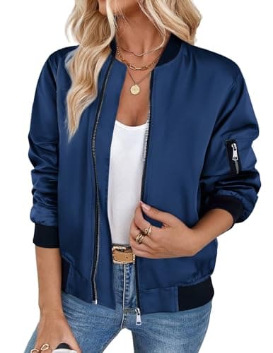 Image of Zeagoo Bomber Jackets Women Casual Lightweight Zip Jacket Winter Windproof Flight Jacket Short Loose Solid Coats with Pockets Navy Blue XL