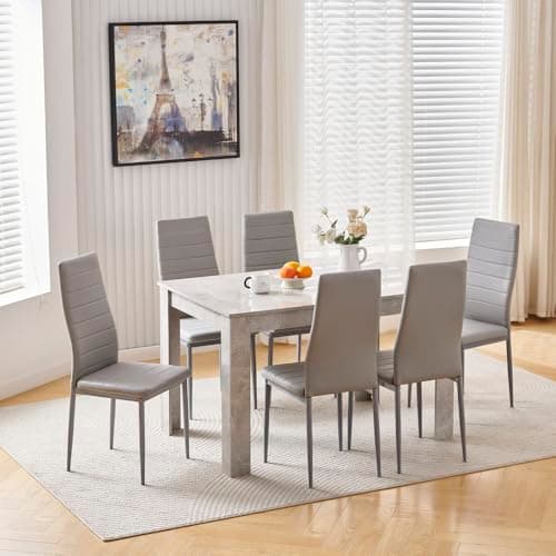 Image of Homullel 7 Piece Dining Room Table and Chairs Set for Dining Room Kitchen, Modern Wooden Dining Table with 6 Chairs for Family Dinner Set (With 6Pcs Grey Leather Chairs, 120cm Grey Marble Table)