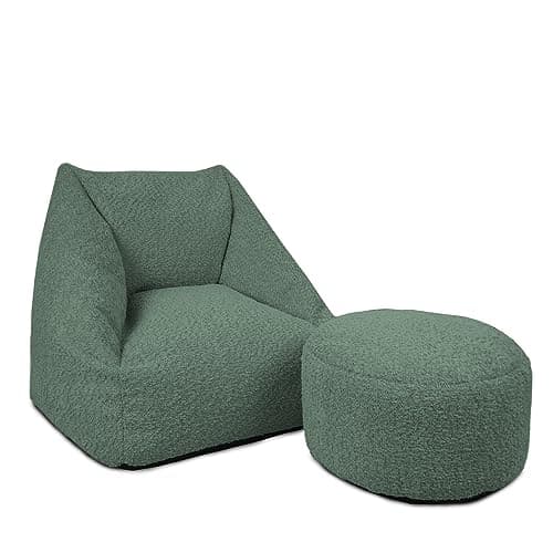 Image of rucomfy Kids Boucle Bean Bag Armchair & Footstool Set - Pre-Filled Neutral Toddler Chair for Modern Bedroom and Nursery Decor - 50x46x48cm - Moss