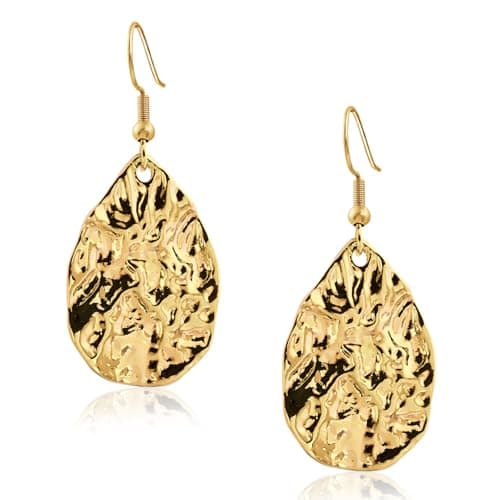 Image of Weviway 18K Gold Plated Teardrop Hammered Dangly Drop Earrings for Women Gold Jewellery Handmade Earrings for Gift