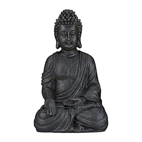 Image of Relaxdays Sitting Buddha Figurine, 40 cm, Feng Shui, Outdoor, Garden, Décor, Big Zen Buddha Figurine, Dark Grey