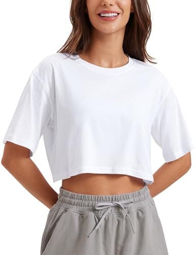 Image of CRZ YOGA Women's Pima Cotton Workout T-Shirt Short Sleeve Running Crop Top Casual Athletic Tee White 10