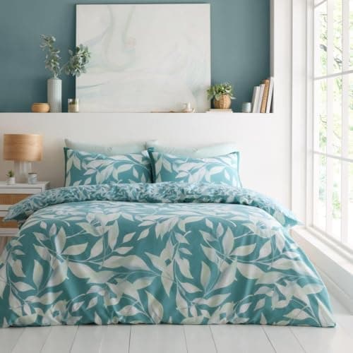 Image of GC GAVENO CAVAILIA Reversible Double Duvet Set -Floral Bedding Set (200x200 Cm)- Leaf Duvet Cover with Pillowcase - Soft Quilt Cover Double Polycotton - Teal/Green