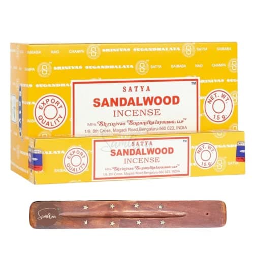 Image of Satya Nag Champa Sandalwood Incense Sticks | x12 pack | with SAMASIA incense sticks holder | Used for Saomatherapy, Spa, Yoga, Weddings, Meditation, Healing, Positivity and Relaxation