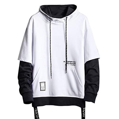 Image of Men's Fashion Loose Seams Fake Two Piece Hoodie Top Black Reg, White, L