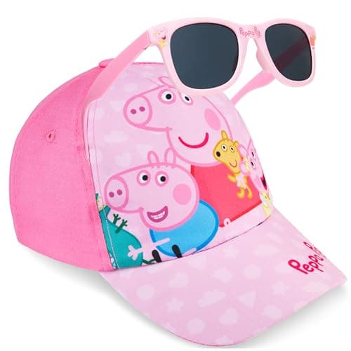 Image of Get Trend Peppa Pig Girls Baseball Cap Sunglasses Set, Adjustable Kids Summer Sun Hat UV400 Protection Shades, Travel Holiday Essential (Pink Peppa Pig)