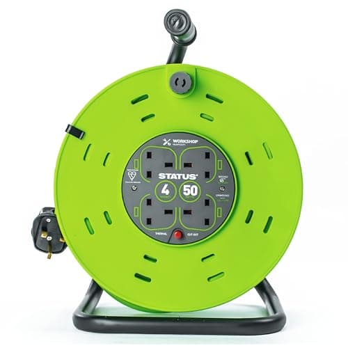 Image of STATUS 4 Socket Cable Reel, 50m, Green, 13 Amp, Thermal Cut Out, Heavy Duty, Outdoor Extension Lead, Ideal for Garden, Workshop, DIY, Power Tools (S50M13ACRX1)