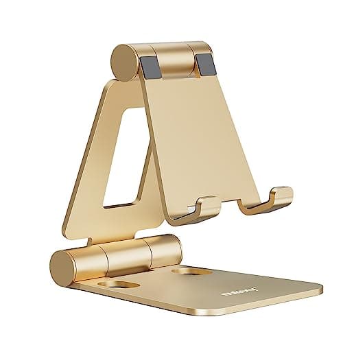 Image of Nulaxy Phone Stand for Desk, Fully Foldable Adjustable Mobile Phone Holder Dock Compatible with iPhone 16 15 14 13 12 11 Pro Max Xs Xr X 8, HUAWEI, Galaxy, Nintendo Switch, All Phones - Gold