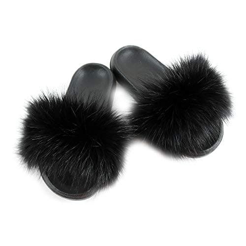 Image of Hiser Women Fluffy Faux Fur Slipper Sliders, Ladies Furry Open Toe House Slippers Cozy Comfy Non Slip Sliders for Walking Indoor Outdoor (Black,UK5-6/260)