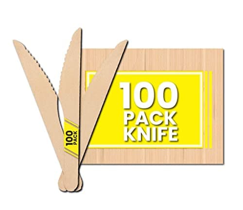 Image of Zuvo Disposable Wooden Knives - Pack of 100 - Eco Friendly Biodegradable Wooden Cutlery for Desert - Birch Wood-Sturdy Knives…, Brown