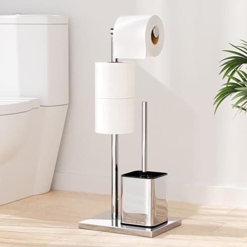 Image of Stainless Steel Toilet Roll Holder with Toilet Brush - Free Standing Toilet Roll Holder, Susswiff Silver Paper Holder