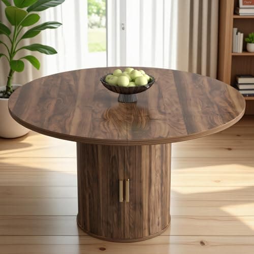 Image of SJPVPYB Extendable Round Dining Table, Folding Wooden Dinner Table for 4-6 People, Farmhouse Kitchen Table with Storage Shelves for Dining Room Living Room, Rustic Brown (Cylindrical Base)