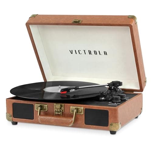 Image of Victrola Journey Bluetooth Portable Suitcase Record Player – with Built-in Speakers, 3 Speed Vinyl Record Player, RCA Out, Headphone Jack (Brown)