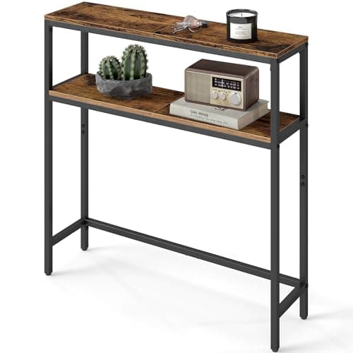 Image of VASAGLE Console Table, 2-Tier Slim Sofa Table, 20 x 80 x 80 cm, Hallway Table with 2 Shelves, for Living Room, Entryway, Rustic Brown and Ink Black LNT130K01V1