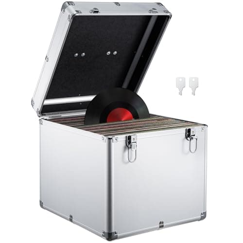 Image of Supernic Vinyl Record Storage Box - 12" Heavy Duty Safe Box, Holds 100 Singles, Lockable Flight Carry Case (Silver)