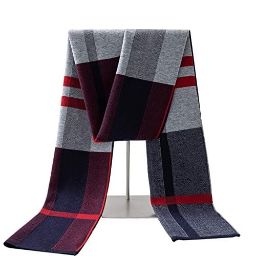 Image of Lallier Men's Merino Wool Scarf, Long Winter Neckwear with Gift Box (Burgundy Grey Tartan)
