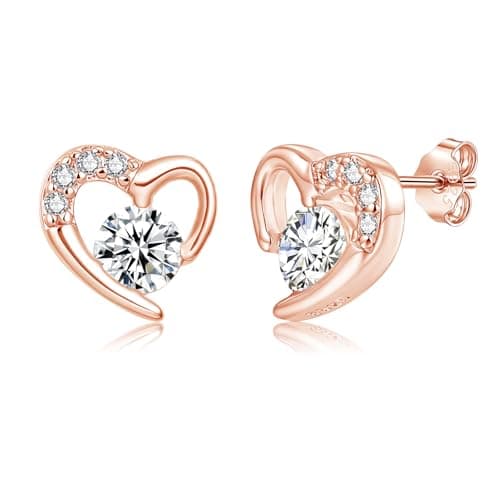 Image of Cangall Rose Gold Stud Earrings for Women, 925 Sterling Silver Heart Stud Earrings with AAAAA Cubic Zircon, Dainty 10mm CZ Small Sleeper Heart Studs, Endless Love Earrings Jewelry Gifts for Girls