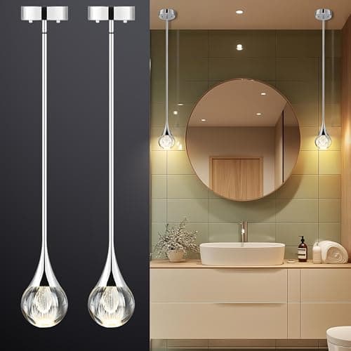 Image of EANLOLY 2-Light Crystal Pendant Light - Elegant LED Chandeliers Ceiling Fixture for Kitchen Islands, Dining Rooms, Bedroom, and Bar - Adjustable Height Raindrop Light, Silver Finish