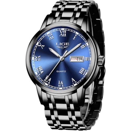 Image of LIGE Mens Watches, Quartz Analogue Watches for Men, Stainless Steel 3ATM Water Resistance, Luminous Hands, Calendar Function, Classic Simple Style, Casual Fashion Accessories, Blue Silver