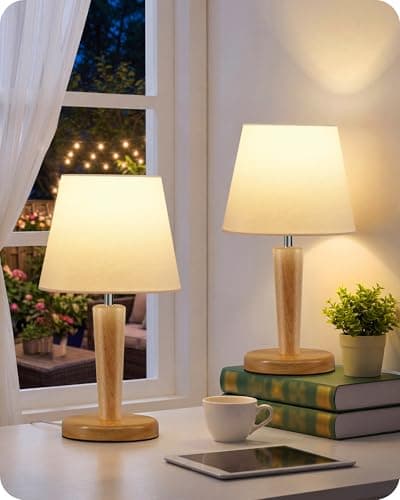 Image of GOEBLESON Small Bedside Lamps Set of 2, Wood Bedside Table Lamp with White Linen Shade, 3 Color Temps, E27 LED Bulb Included, Cute Little Desk Lamp for Bedroom, Living Room, Window Sill ZMW13TLKP205