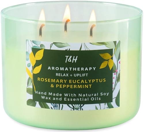Image of Rosemary Eucalyptus Peppermint 3 Wick Candle for Home Scented | 15.8 oz Large Soy Candle | Spa Aromatherapy Candles for Home Stress Relief | Clean Burn | Gift for Women & Men