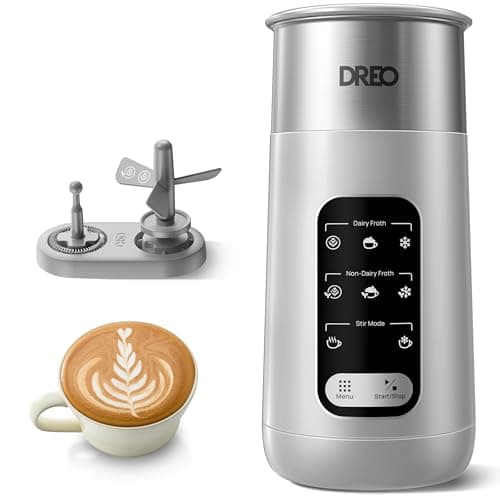 Image of DREO Milk Frother, 8-in-1 Electric Milk Frother, 435ml Silent Milk Steamer & Hot Chocolate Maker, 45 dB Stainless Steel Automatic Foam Frother for Latte Art-level Microfoam, Easy to Clean, Silver Grey