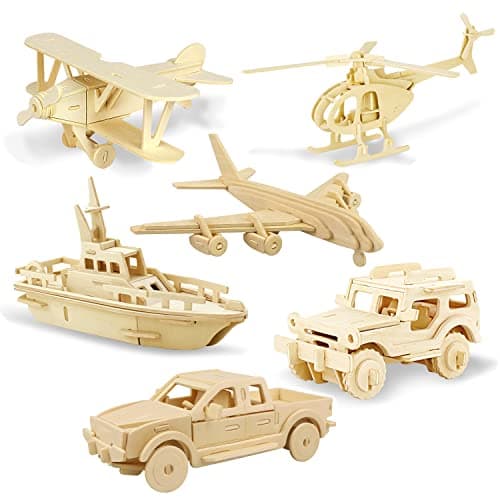 Image of Georgie Porgy 3D Wooden Puzzles DIY Models Kits for Kids Dinosaur Airplane Woodcraft Construction Toy Pack of 6 (Airplanes Cars Yacht)